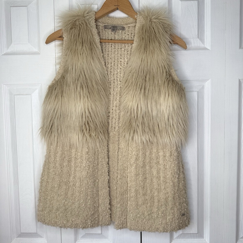 GUESS‎ Los Angeles Faux Fur Knit Sweater Vest Cream Beige Boho Shaggy Women XS